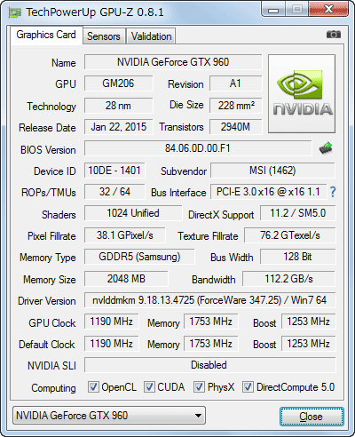 GPU-Z GeForce GTX960 GTX 960 GAMING 2G